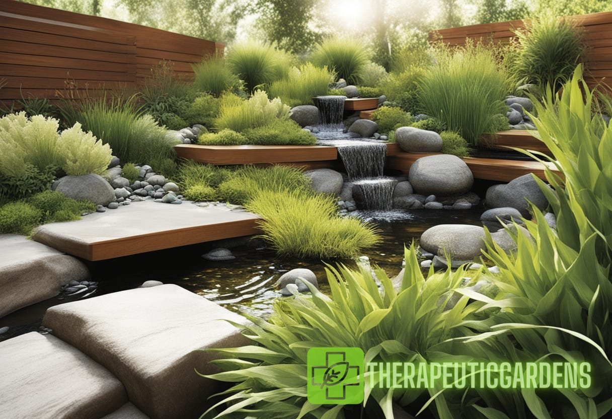 Illustration for section: Minimizing Resource Use Biologically-inspired water features should be designed to minimize the use  - bio-inspired water gardens