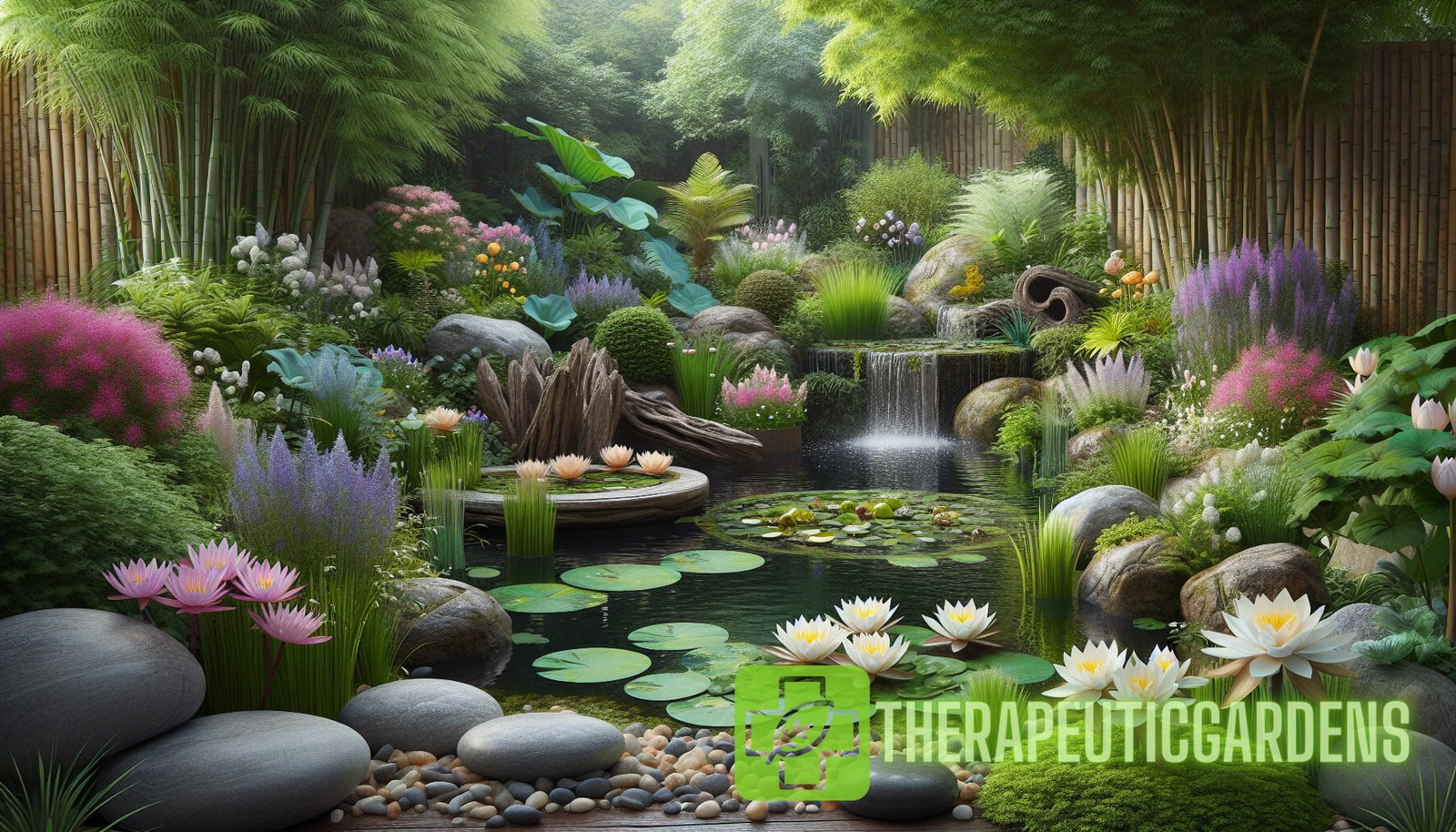 Illustration for section: Choose plants that are appropriate for water gardens, such as water lilies, lotus, and irises.Incorp - sustainable oasis