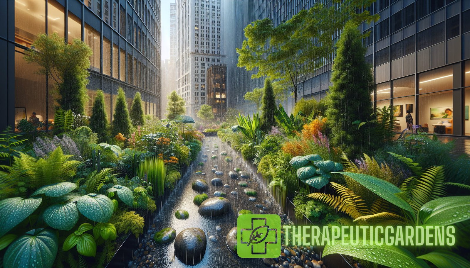 Illustration for section: Rain gardens are a unique type of water feature that can be both visually stunning and ecologically  - urban healing gardens